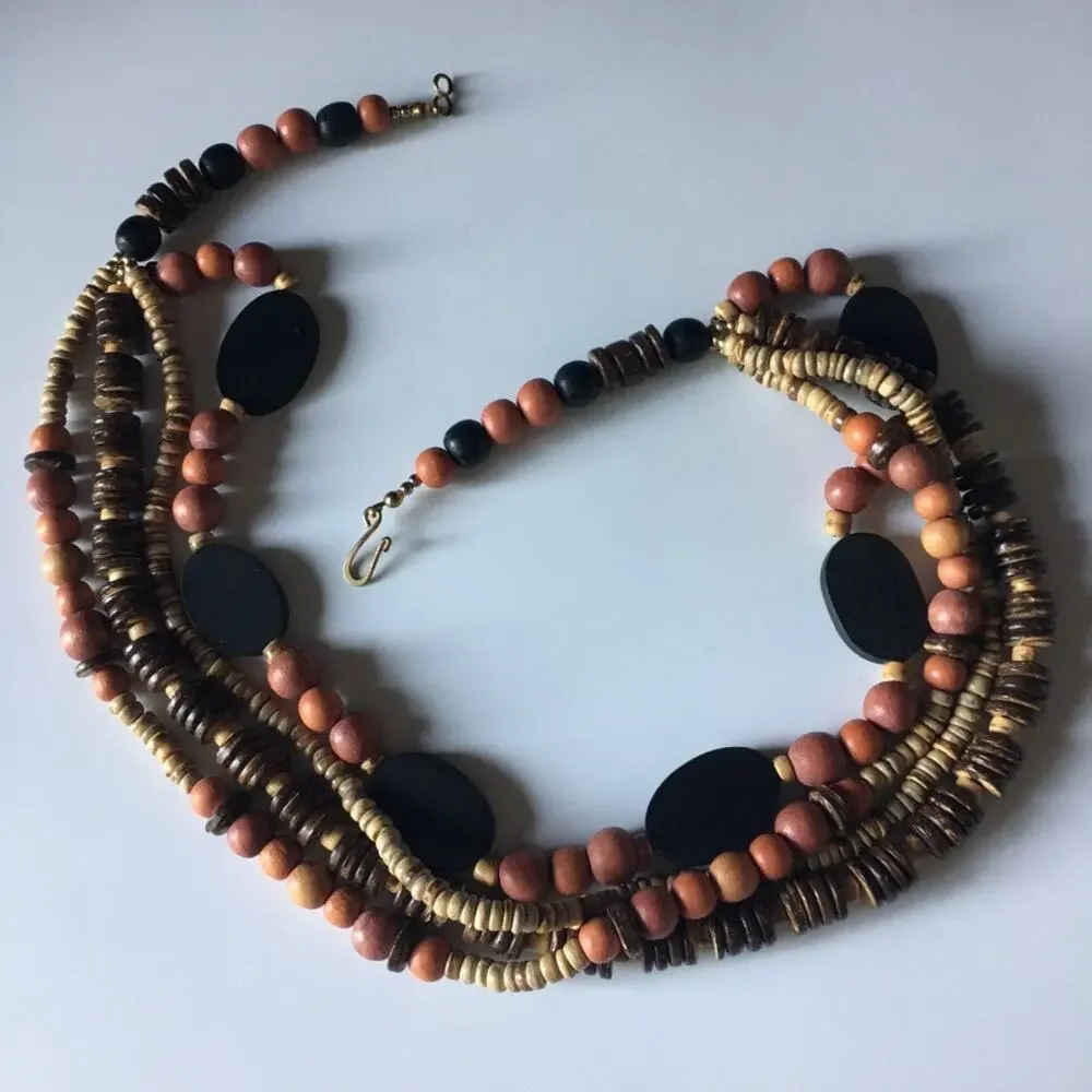 Gorgeous warm wooden bead multi-strand statement necklace